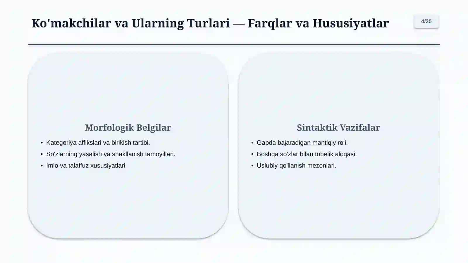 Yordamchi So'z Turkumlari: Ko'makchi, Bog'lovchi, Yuklama 4