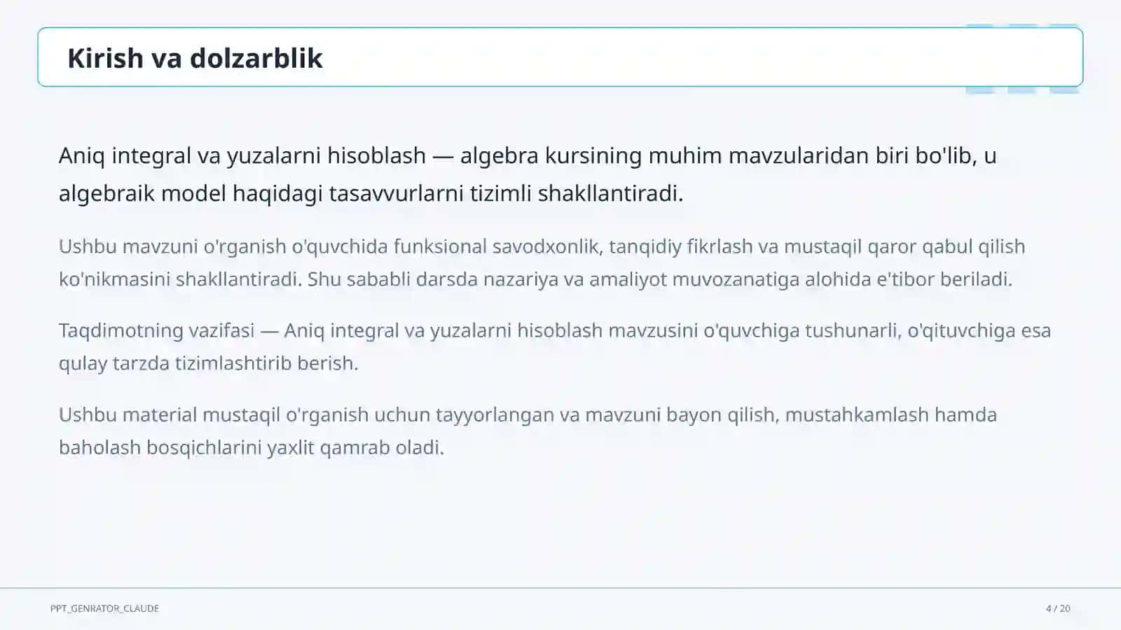 Aniq integral va yuzalarni hisoblash (11-sinf) 4