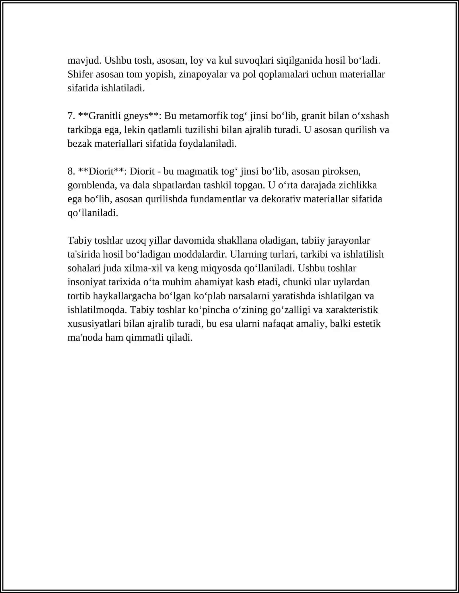 MUSTAQIL ISH Mavzu: TABIIY TOSH MATERIALLARI OLINISHI VA XOSSALARI 4