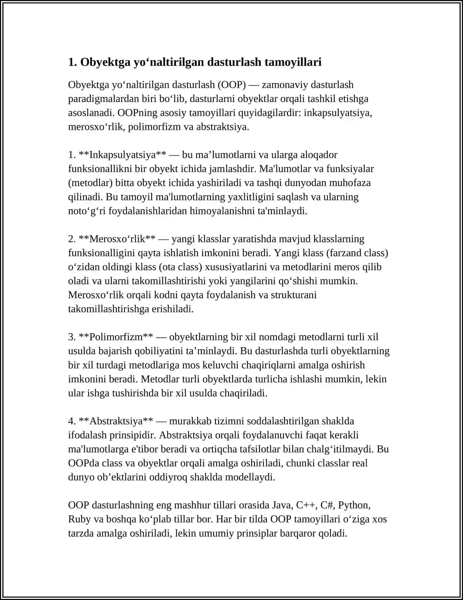 OBYEKTGA YO‘NAITIRILGAN DASTURLASH ASOSLARI 4