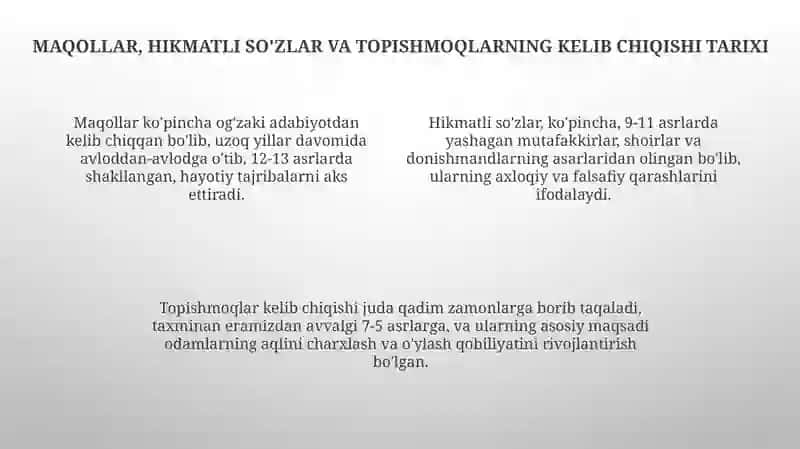 Maqol va hikmatli, topishmoqlar bilan tanishish va uning uslubi 4