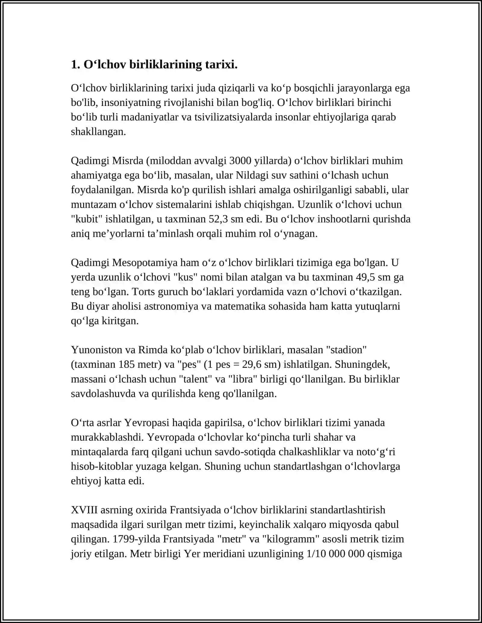 OʻZBEKISTON RESPUBLIKASIDAGI VA XALQARO MIQYOSIDAGI OʻLCHOV BIRLIKLARI VA OʻLCHASH USULLARI 4