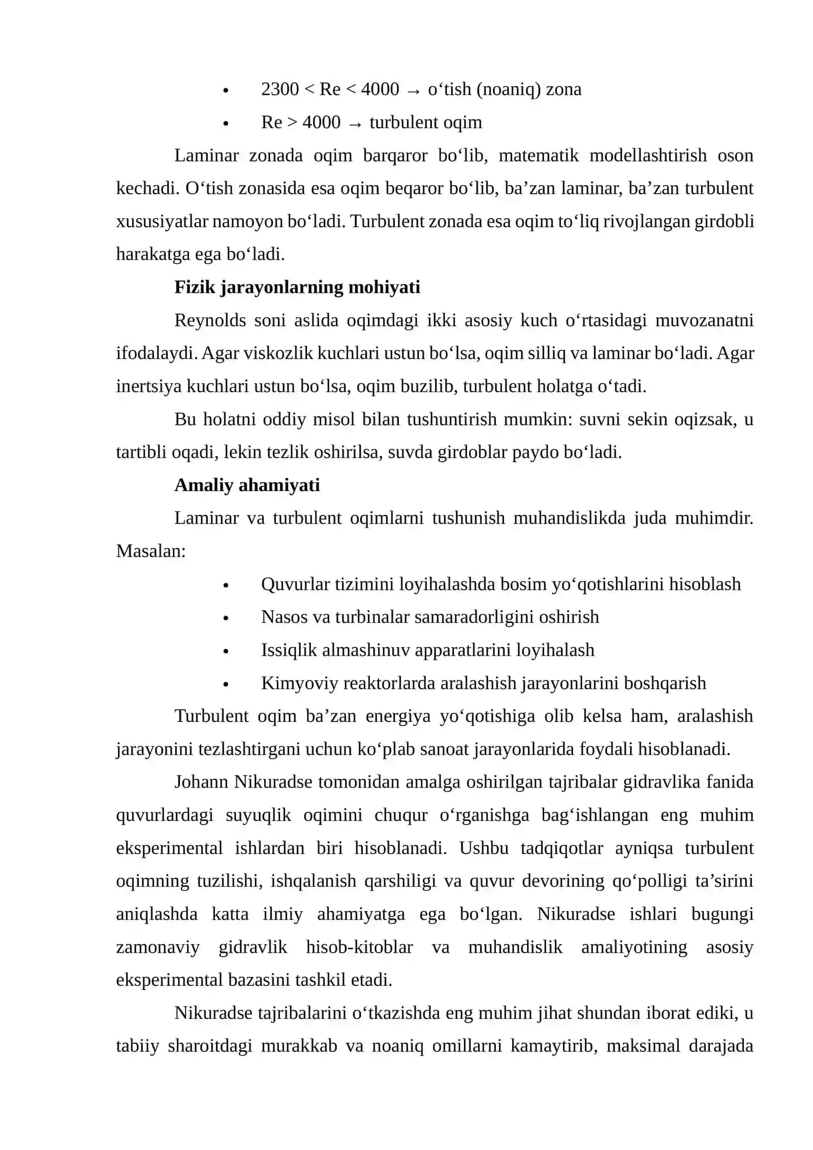 Laminar va turbulent harakat zonalarini aniqlashda Nikuradze tajribasi va grafigi 4