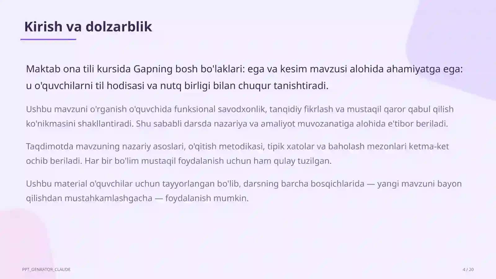 Gapning bosh bo'laklari: ega va kesim (8-sinf) 4