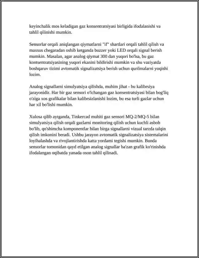 GAZ KONSENTRATSIYASINI MONITORING QILUVCHI AVTOMATIK SIGNALIZATSIYA TIZIMI TINKERCADDAGI ANALOG 4