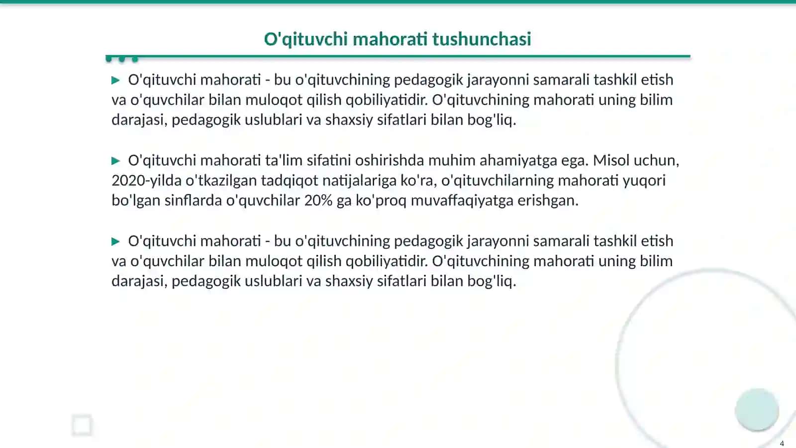 Pedagogik fikrlar taraqqiyotida o'qituvchi mahorati masalari 4