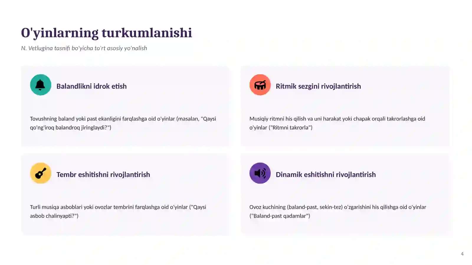 MAKTABGACHA TA'LIM PEDAGOGIKASI. maktabgacha taʼlim tashkilotlarida musiqaviy didaktik oʻyinlar 4