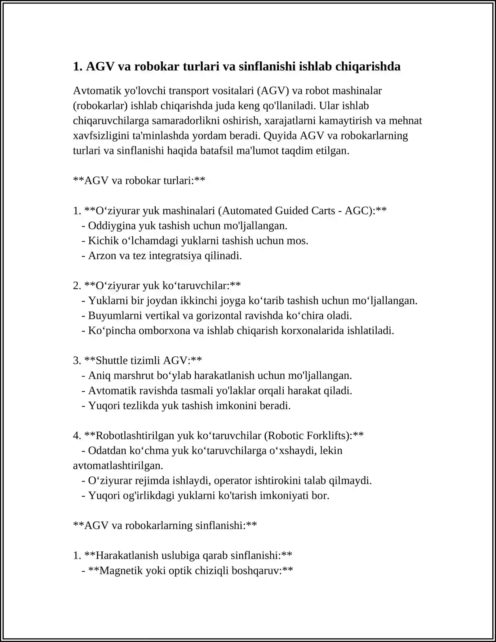AVTOMATIK TRANSPORT ARAVALARI (AGV) VA ROBOKARLARNING ISHLAB CHIQARISHDA QOʻLLANILISHI 4