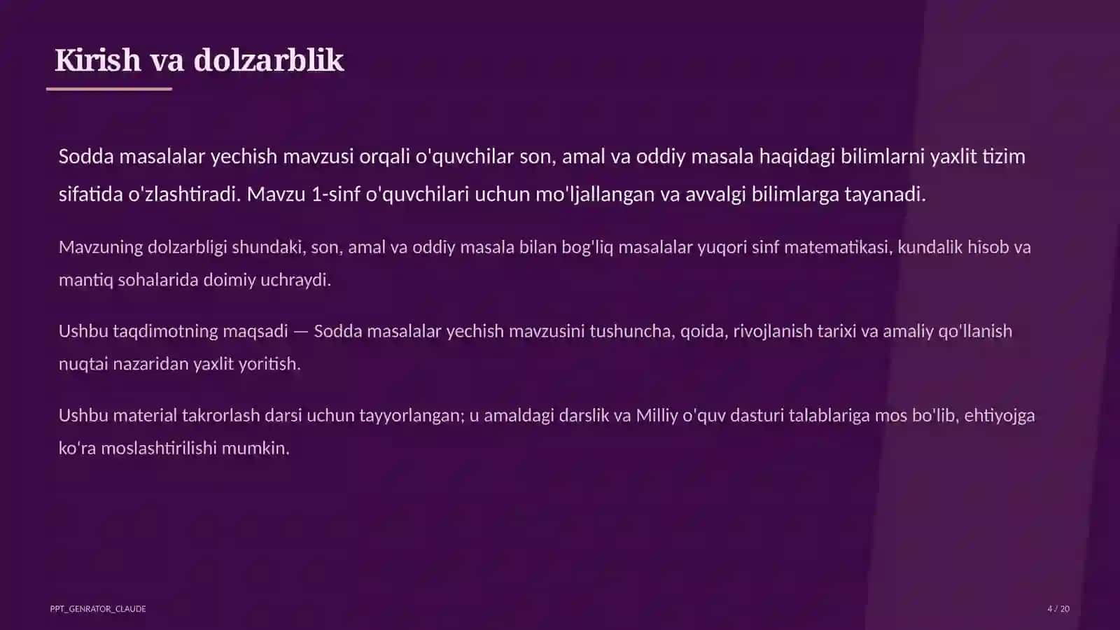 Boshlang'ich sinf: Matematika (1-4) — takrorlash darsi 4
