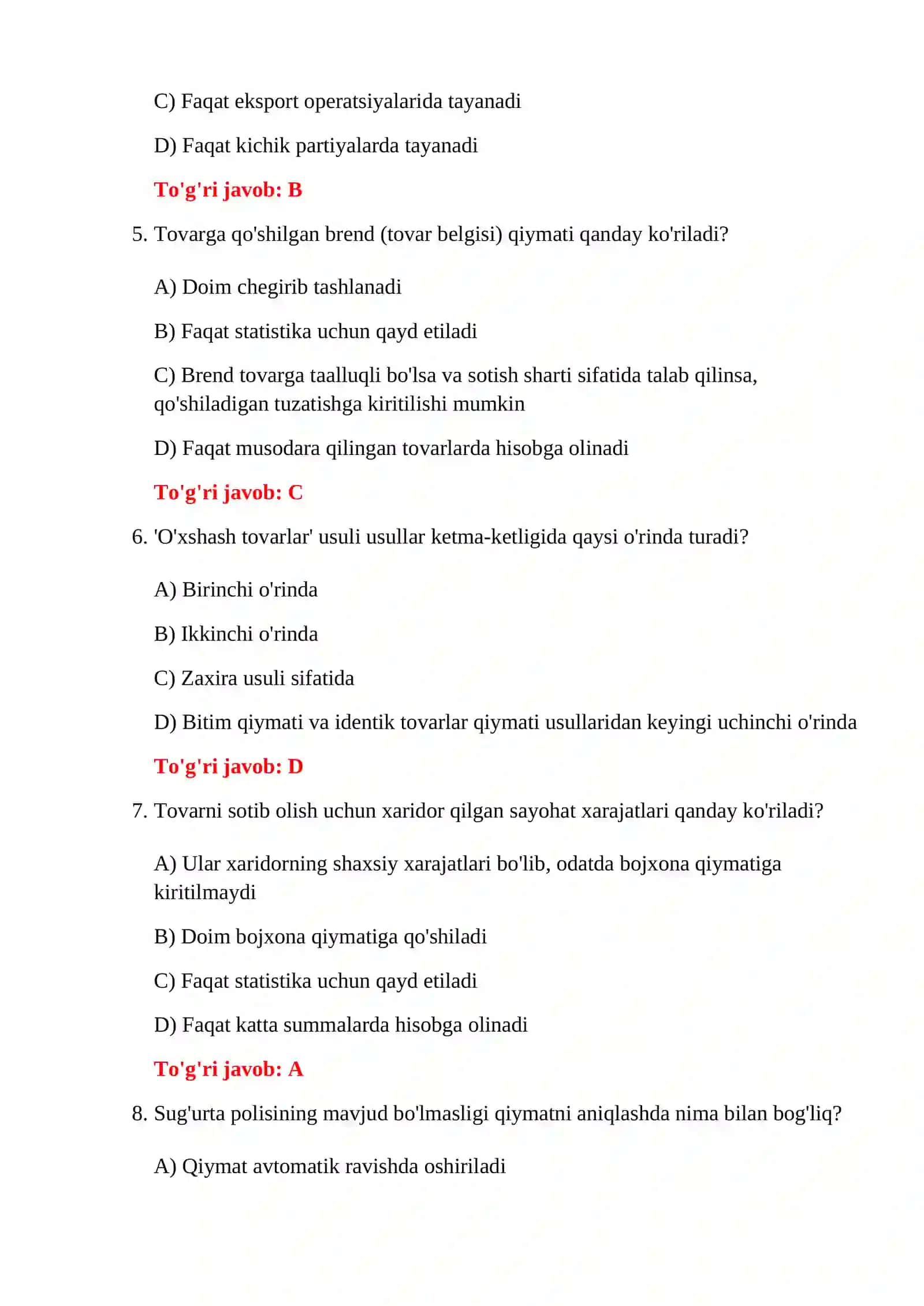 BOJXONA QIYMATI 300 TA TEST 4