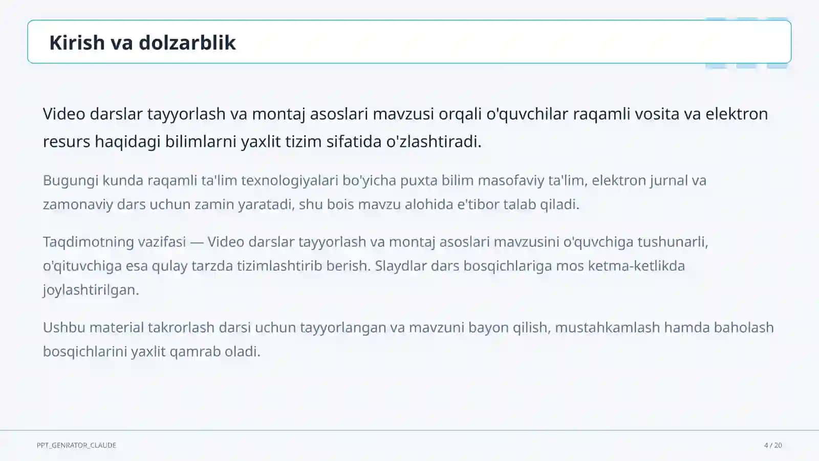 Video darslar tayyorlash va montaj asoslari 4