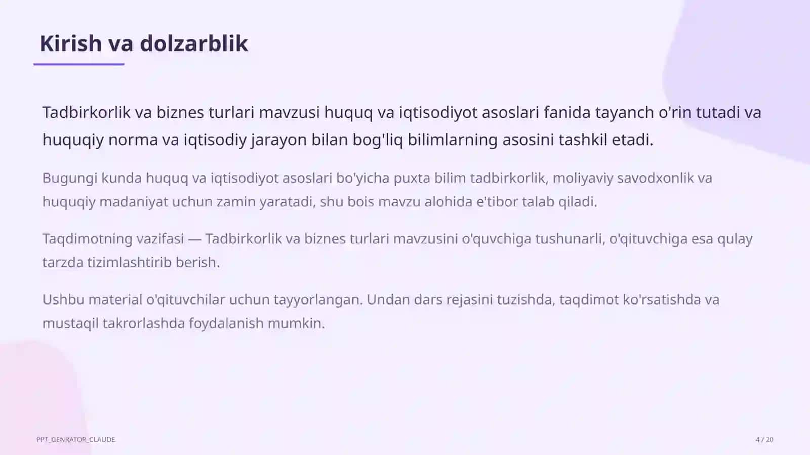 Tadbirkorlik va biznes turlari (10-sinf) 4
