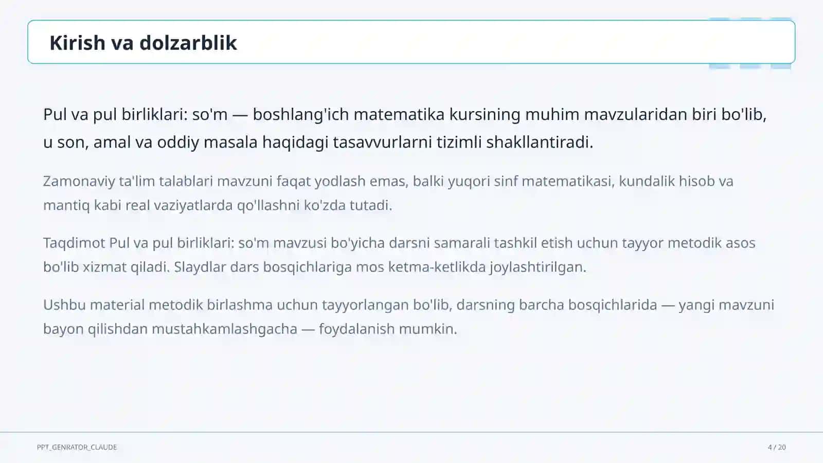 Pul va pul birliklari: so'm (2-sinf) 4
