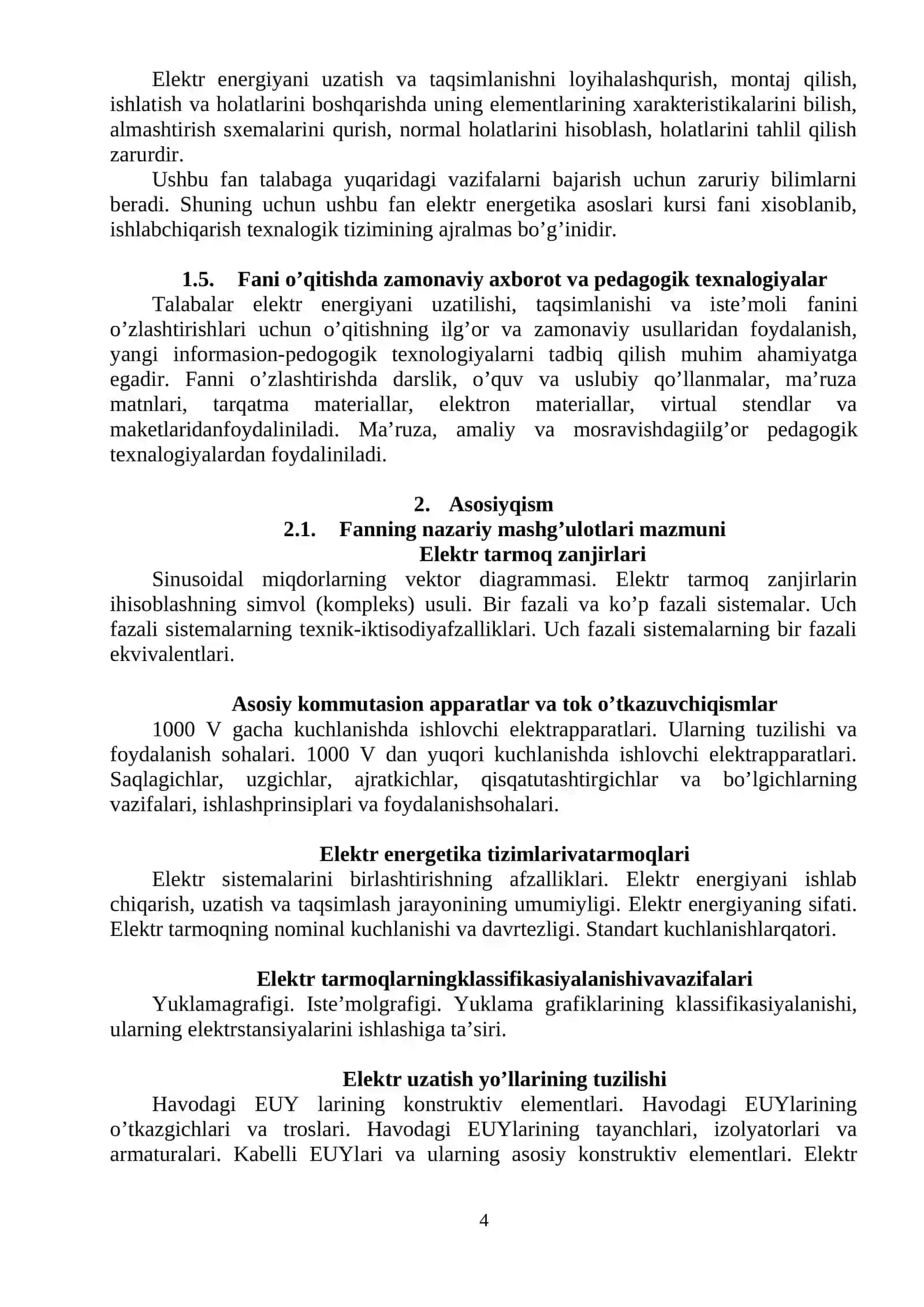 ELEKTR YURITMA ASOSLARI FAN DASTURI 4