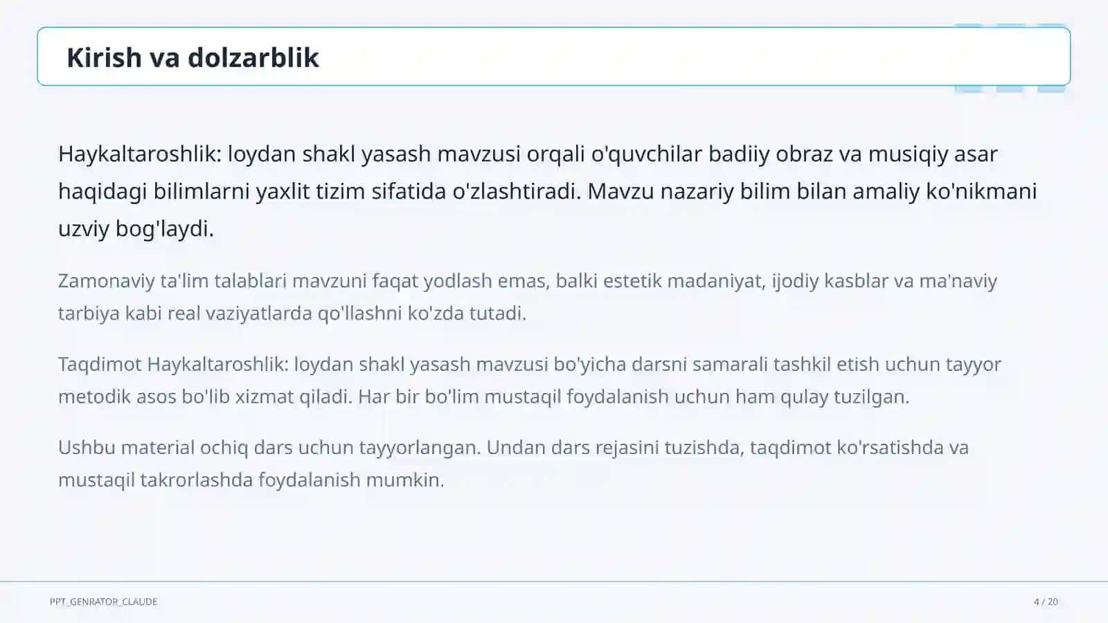 Haykaltaroshlik: loydan shakl yasash (4-sinf) 4