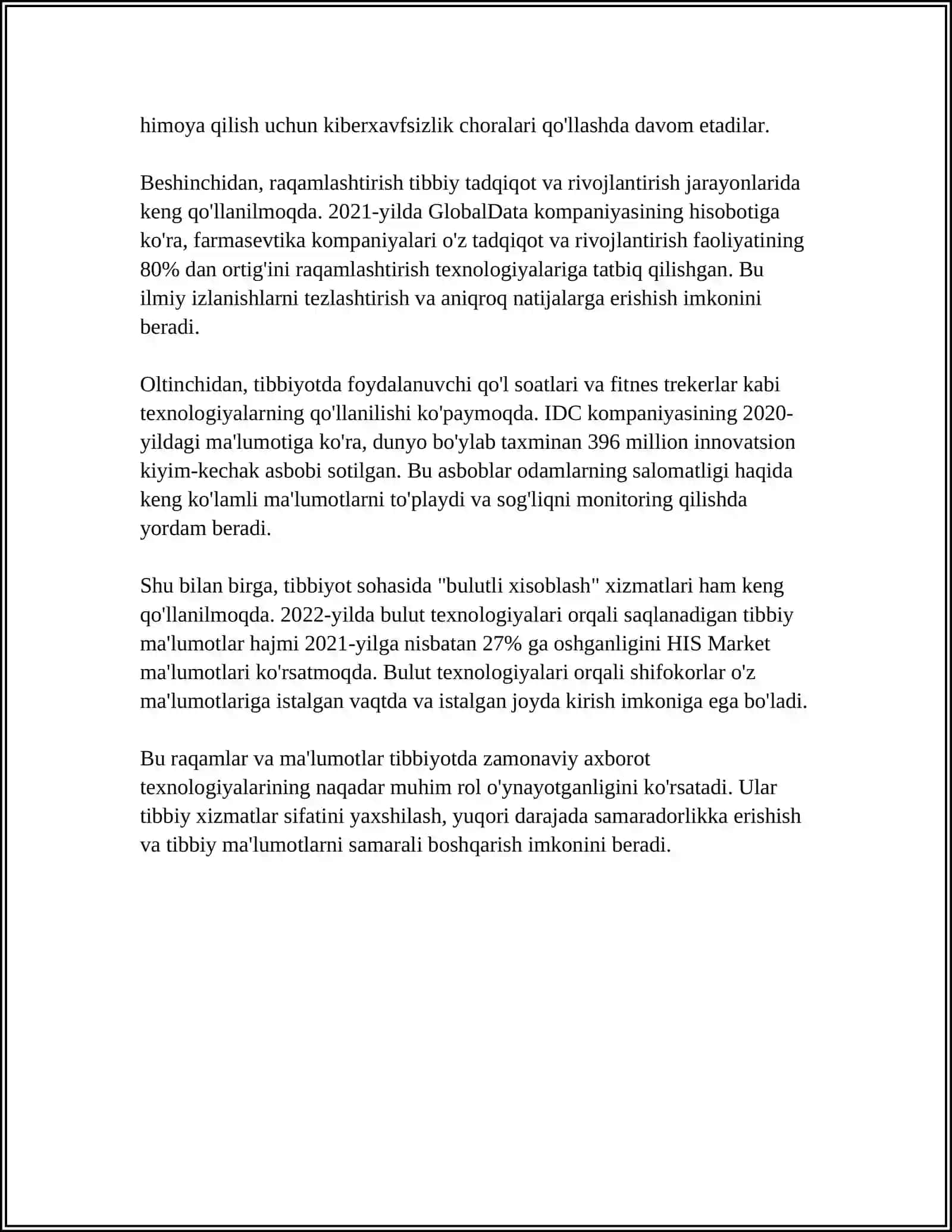 ZAMONAVIY AXBOROT TEXNOLOGIYALARIDAN BUGUNGI KUNDA FOYDALANISH DARAJASI, ULARNI TIBBIYOTNING TURLI SOXALARIDA MA’LUMOTLAR TO‘PLASHDA, DIAGNOSTIKA VA DAVOLASHDA TUTGAN O‘RNI 4
