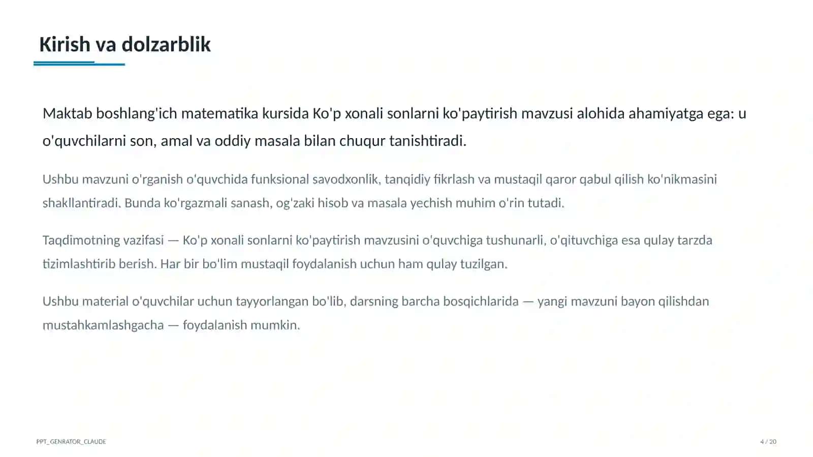 Ko'p xonali sonlarni ko'paytirish (4-sinf) 4