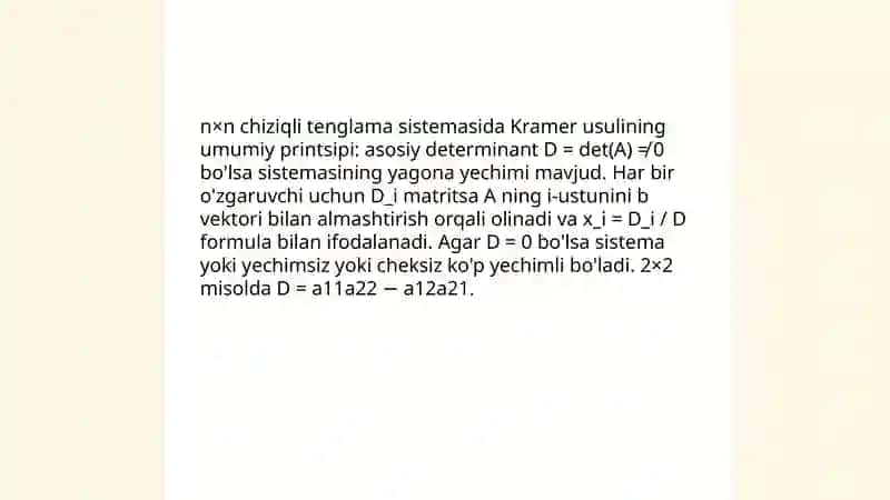 Chiziqli tenglamalar sistemasi,ularni yechishning Kramer va Gauss usuli 4