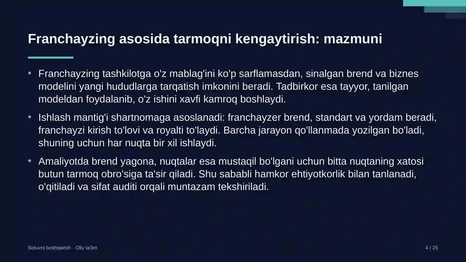 Bolalar musiqa va san'at maktablarida franchayzing asosida sotuv tarmog'ini kengaytirish 4