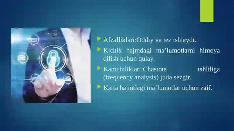 Matn ma’lumotlarni himoyalashda klassik o’rniga qo’yish va o’rin almashtirish algoritmlaridan foydalanish. 4