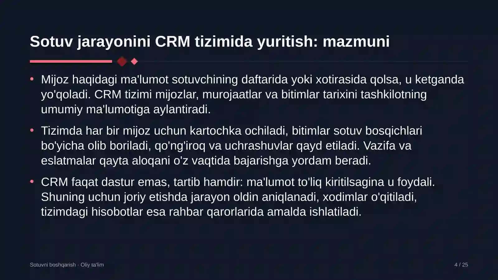 Sotuvni boshqarish · Oliy ta'lim 4