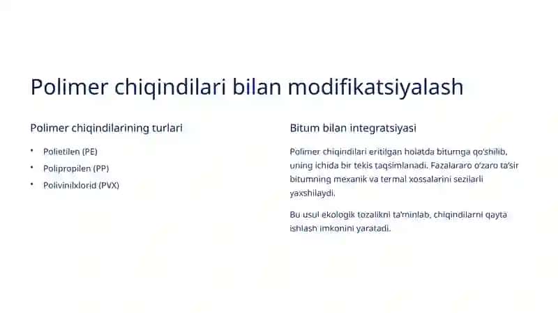 Bitum  tarkibini  gossipol  smolasi  va  polimer  chiqindilari  bilan modifikatsiyalash usulida xossalarini yaxshilash 4