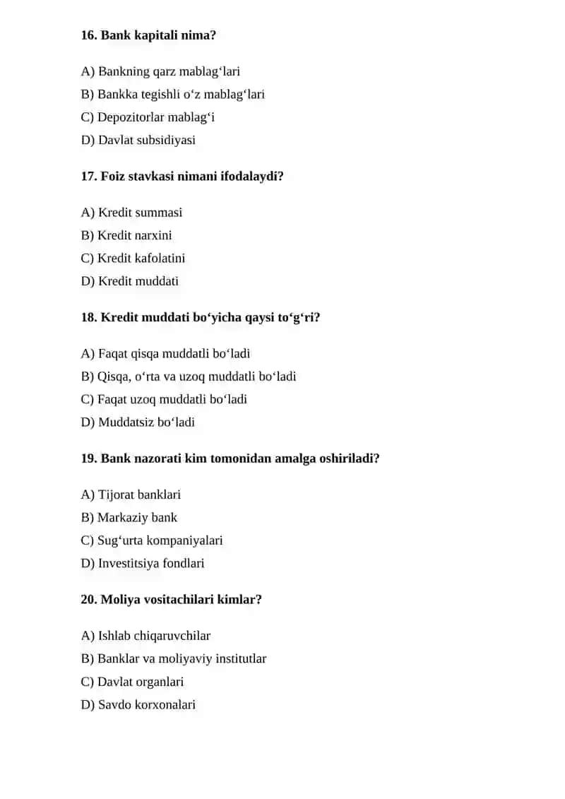 BANK VA MOLIYA BOZORLARI BO‘YICHA TEST SAVOLLARI 4
