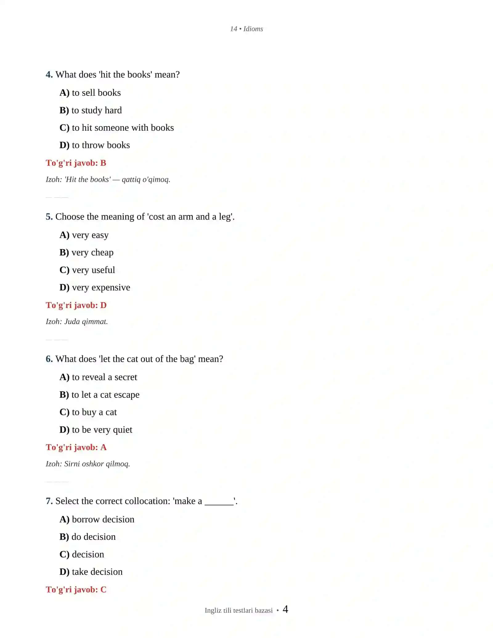 INGLIZ TILI IDIOMS & COLLOCATIONS TESTLARI 4