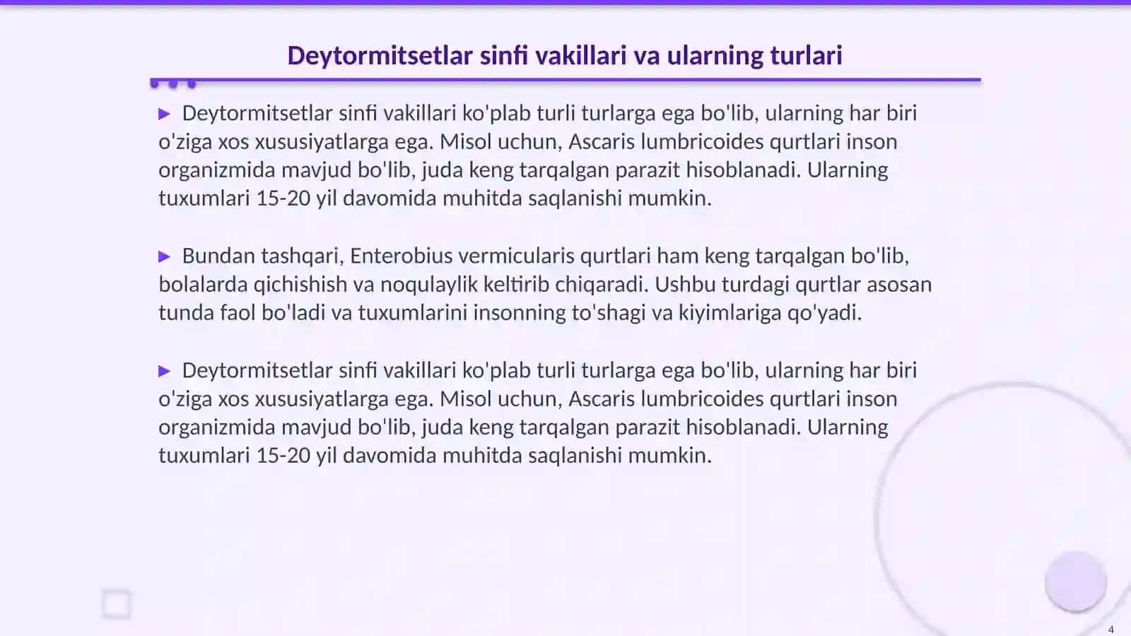Deytormitsetlar sinfi vakillari qoʻzgʻatuvchi kasalliklarni oʻrganish 4