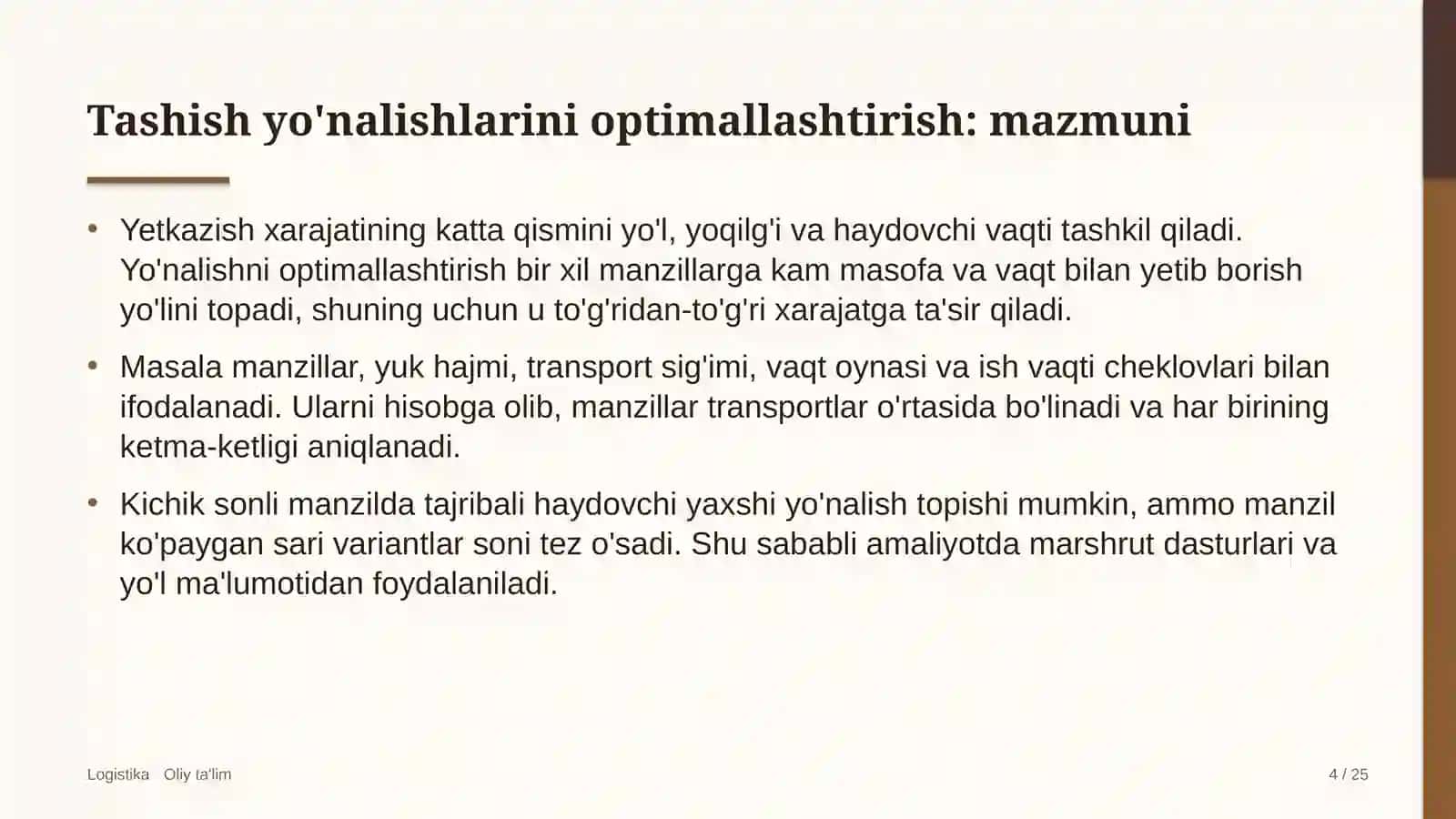 Butik-mehmonxonalarda tashish yo'nalishlarini optimallashtirish 4