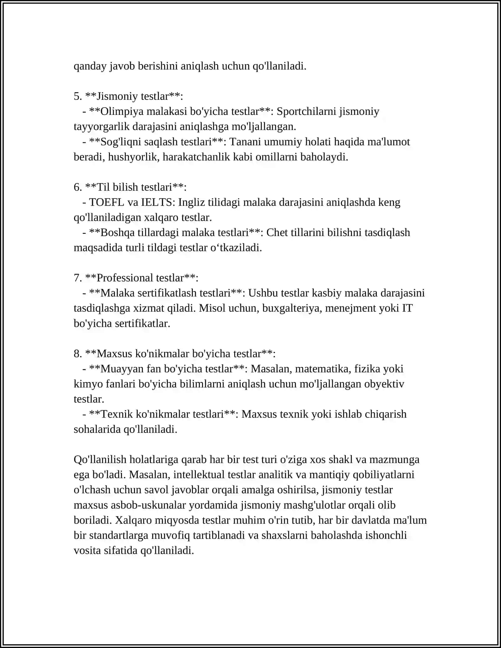 TEST VA UNING TURLARI 4