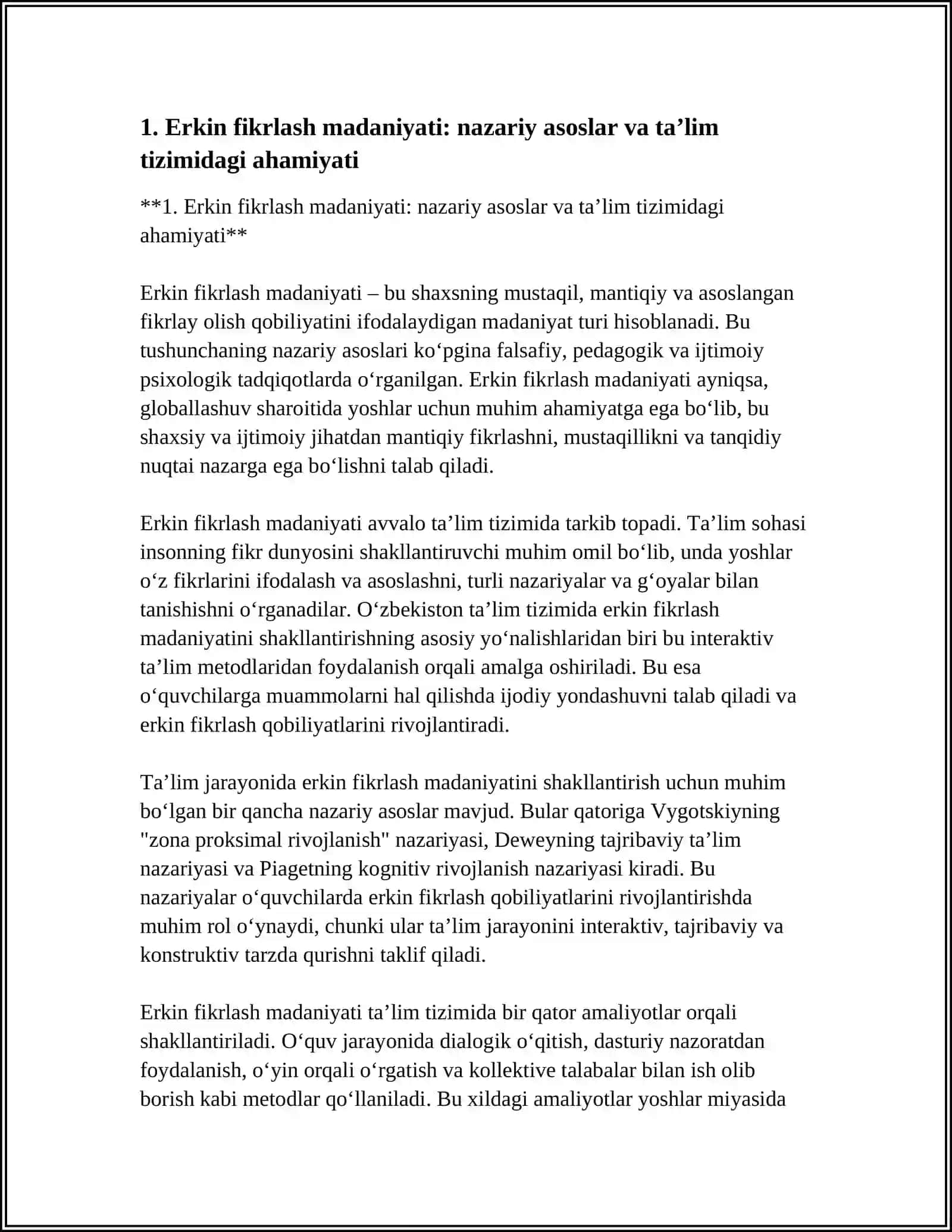 IJTIMOIY JARAYONLAR VA TA’LIM. O‘QUVCHI-YOSHLARDA ERKIN FIKRLASH MADANIYATINI SHAKLLANTIRISH MAVZUSIDA ESSE YOZING VA MAVZUGA MOS GLOSSARIY TUZING 4