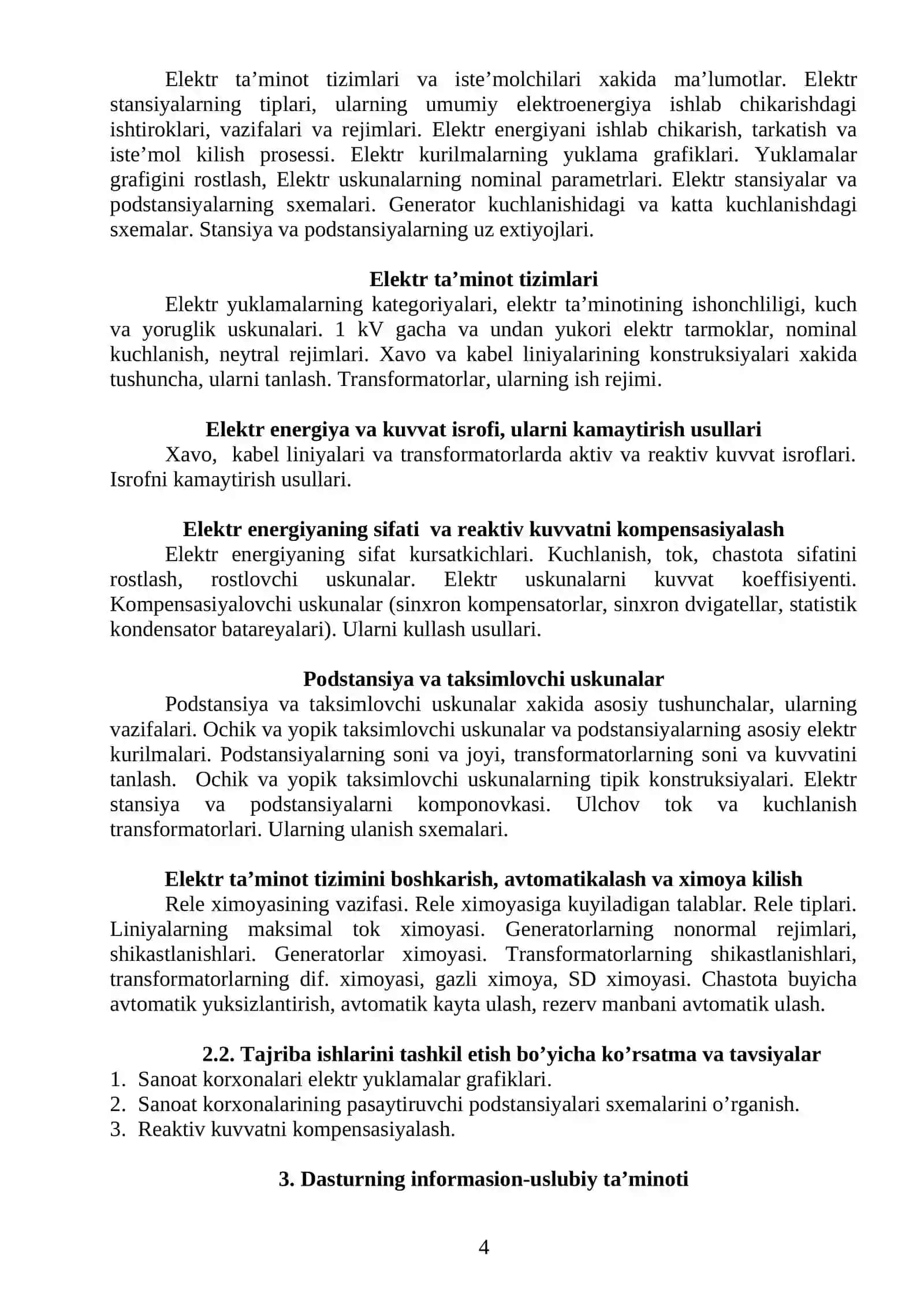 ELEKTR TA’MINOTI ASOSLARI FAN DASTURI 4