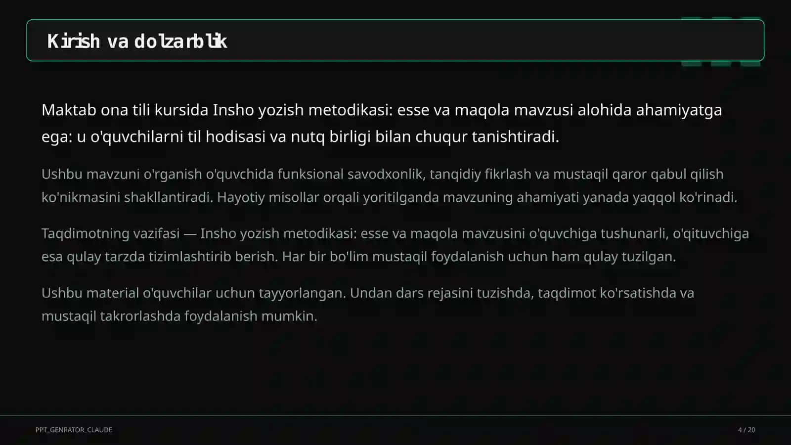 Insho yozish metodikasi: esse va maqola (11-sinf) 4