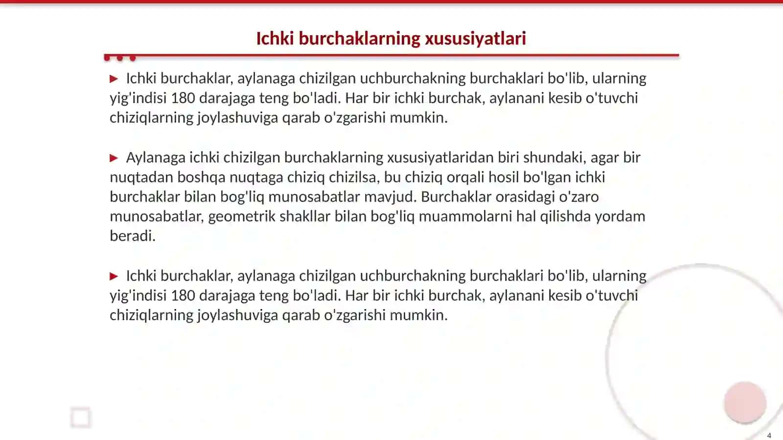 Aylanaga ichki chizilgan burchak 4