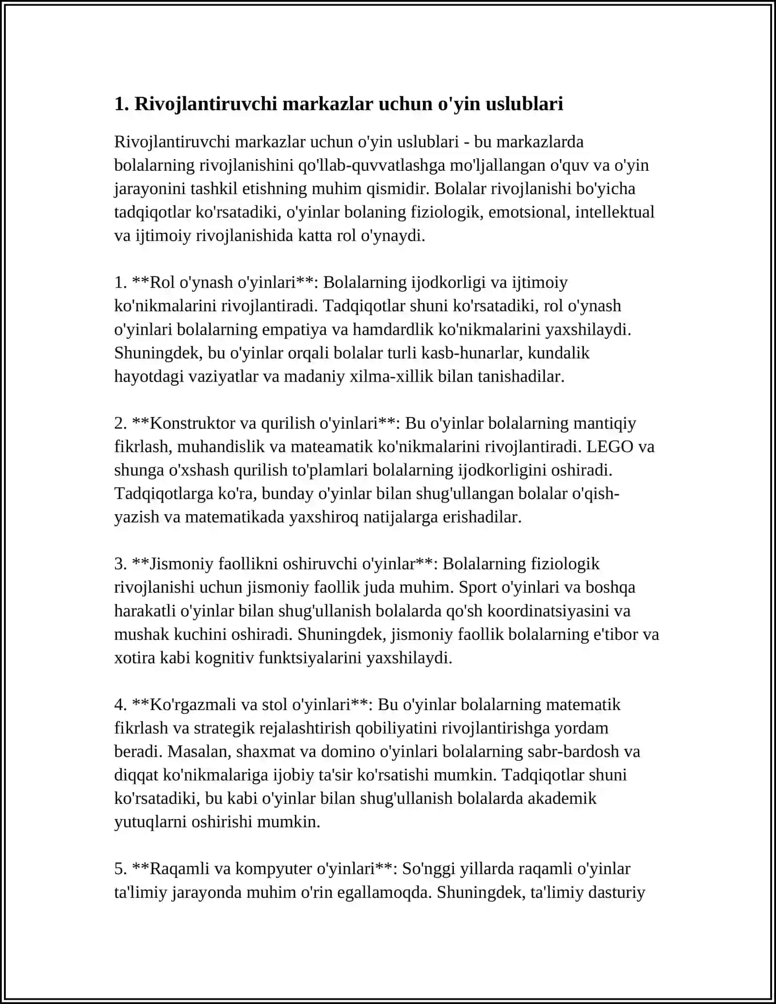 MAKTABGACHA TA'LIM TASHKILOTIDA RIVOJLANTIRUVCHI MARKAZLARINI JIHOZLASHDA O'YINLAR VA RIVOJLANTIRUVCHI MUHIT 4