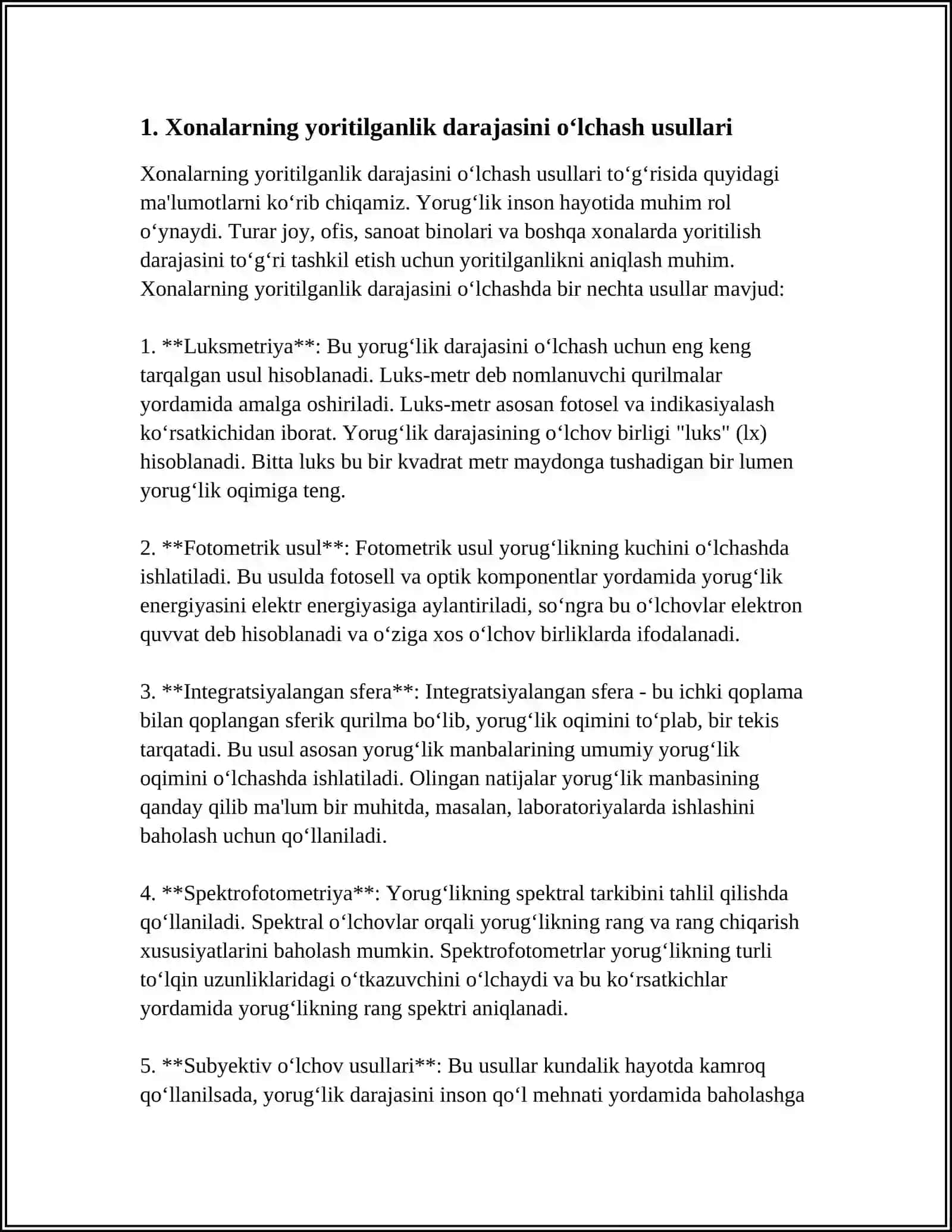 XONALARNING TABIIY VA SUNIY YORITILGANLIK KORSATKICHLARINI TEKSHIRISH VA BAHOLASH 4