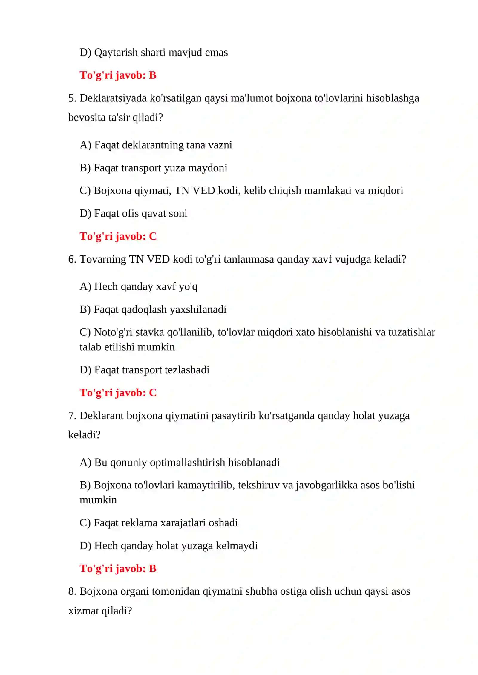 BOJXONA DEKLARATSIYASI 300 TA TEST 4