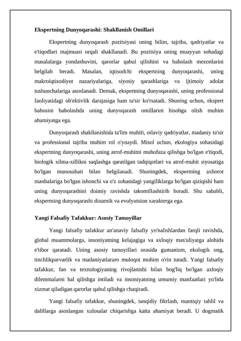 Mustaqil ish. Mavzu: Mutaxassisning dunyoqarash mavqei. “Yangi falsafiy tafakkur” tushunchasining mazmun va mohiyati 4