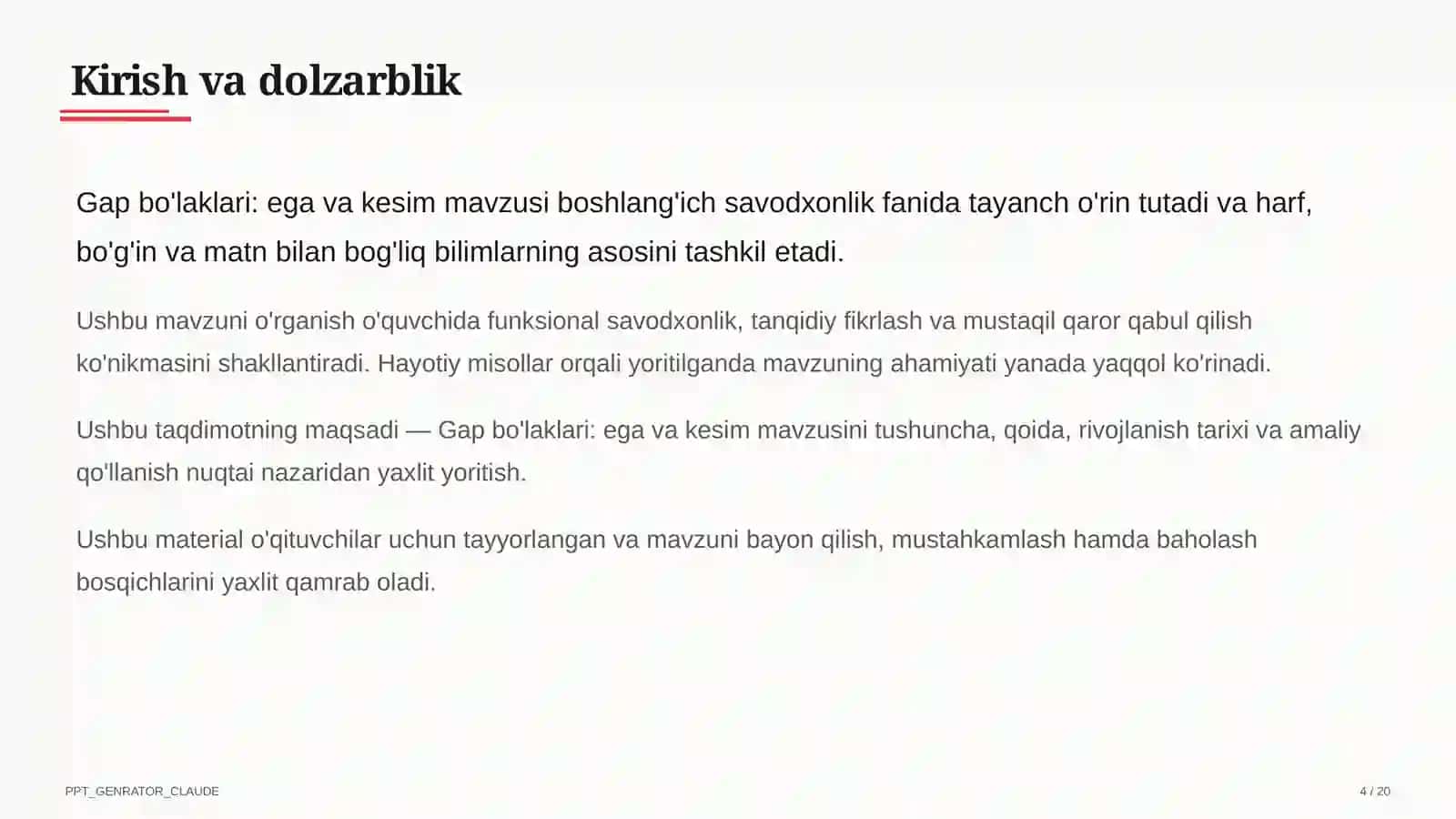 Gap bo'laklari: ega va kesim (4-sinf) 4