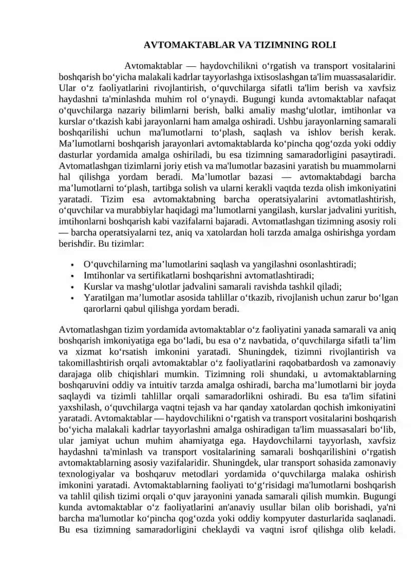 Avtomaktab ma’lumotlar bazasini va avtomatlashgan tizimni ishlab chiqish 4