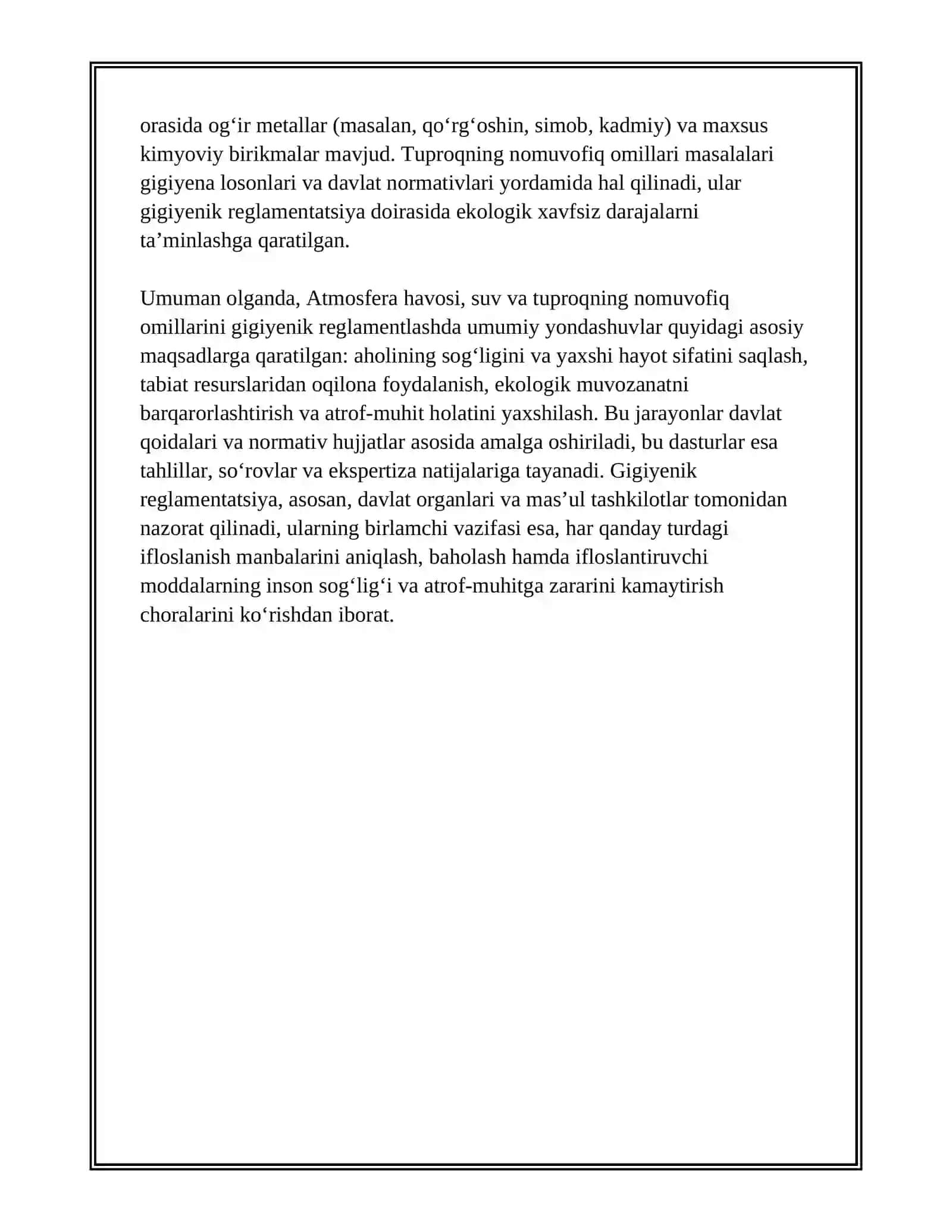 ATMOSFERA HAVOSI, SUV, TUPROQNING NOMUVOFIG OMILLARINI GIGIYENIK REGLAMERTLASHGA BO'LGAN UMUMIY YONDOSHISHLAR 4