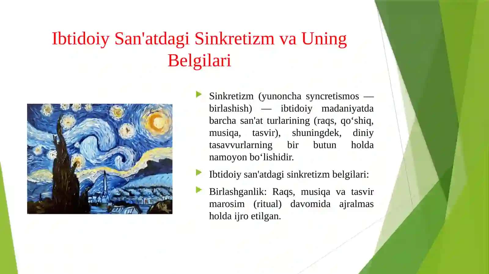 SAN'AT VA DINIY MAROSIMLAR O'RTASIDAGI BOG'LIQLIK. IBTIDOIY SAN'ATDAGI SINKRETIZM VA UNING BELGILARI.SAN'ATSHUNOSLIK METODLARI TARIXIY, QIYOSIY VA TAHLILIY YONDASHUV.SAN'AT ASARINING SHAKL VA MAZMUN JIHATIDAN TAHLILI. 4