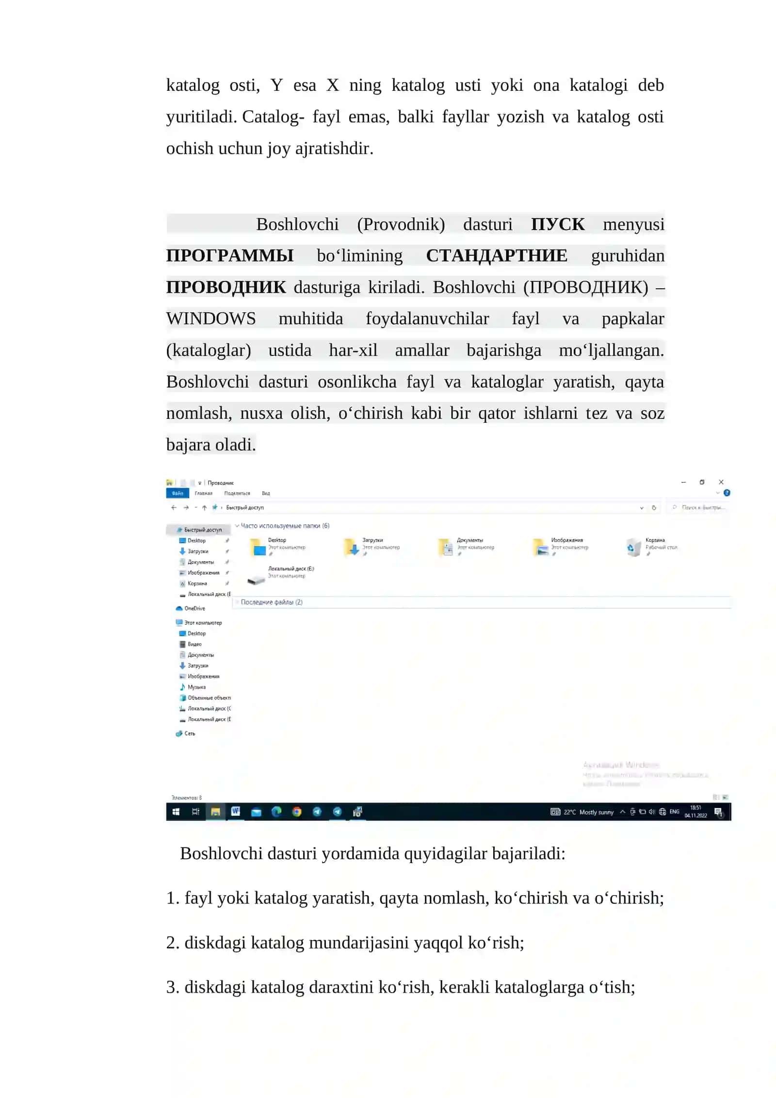 Windows operatsion tizimida fayllar tizimi bilan ishlash. Fayl va papkalar ustida amallar bajarish 4