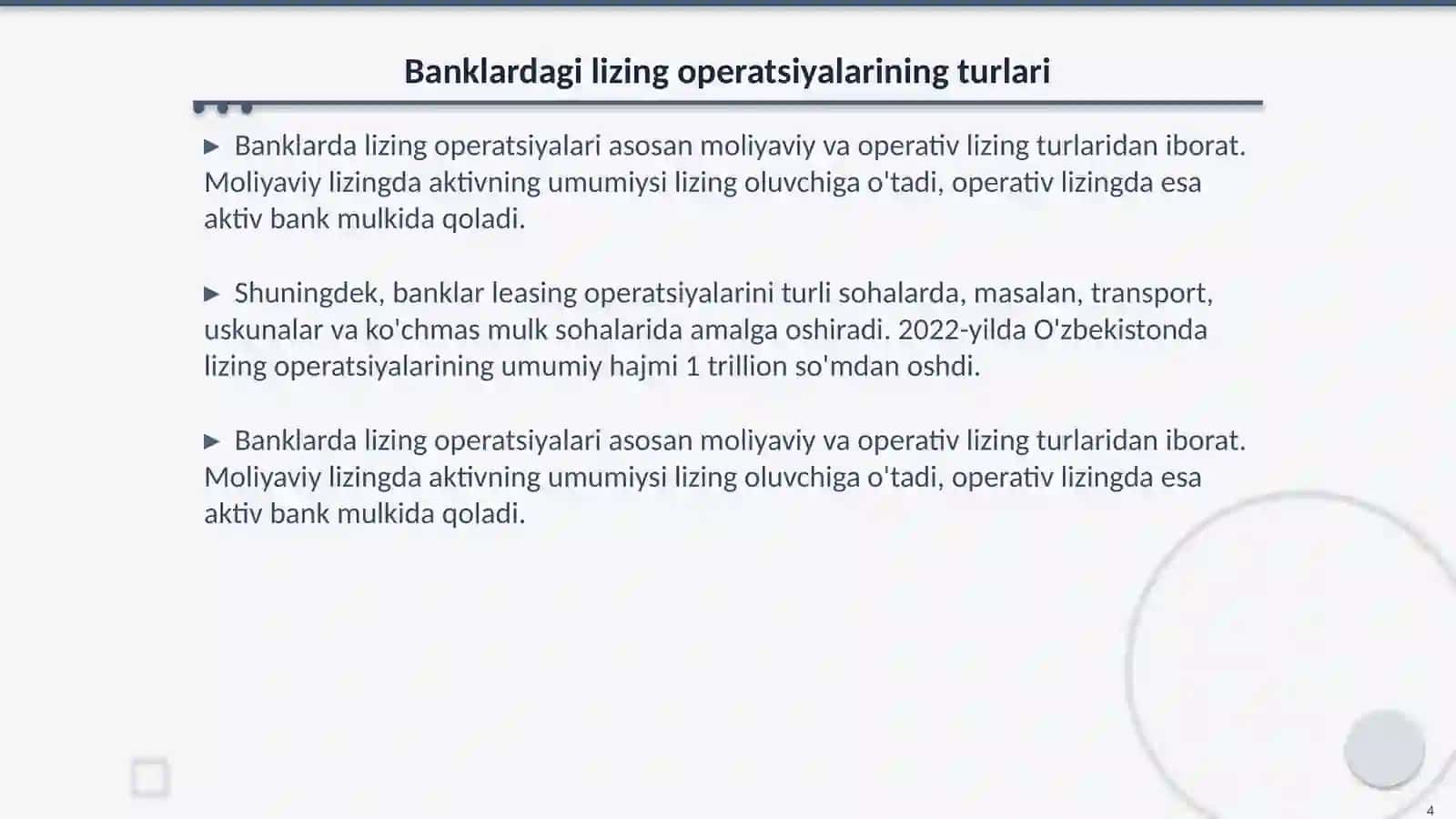 Banklarda lizing operatsiyalari hisobining nazariy asoslari 4