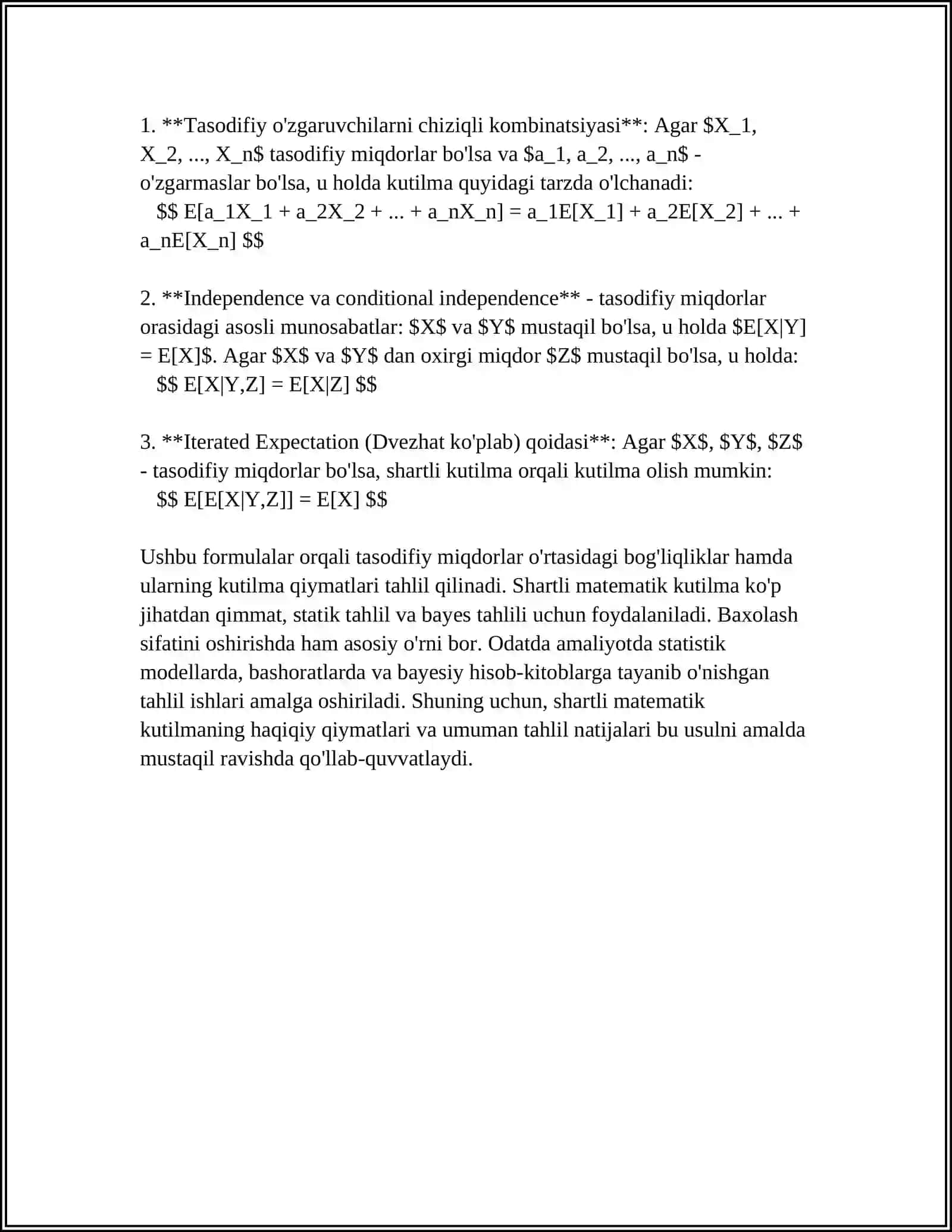 TASODIFIY MIQDORNING SHARTLI MATEMATIK KUTILMASI 4