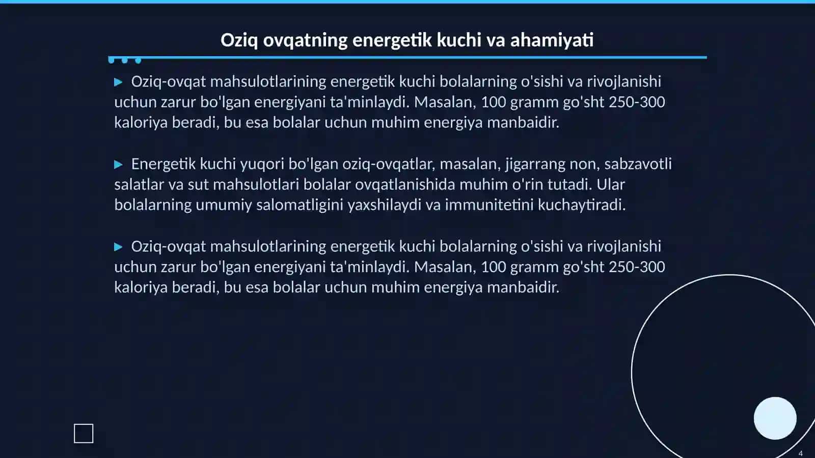 Umumtaʼlim maktabgacha taʼlim muassasalarida 4-7 yoshli bolalarning oʻrtacha sutkalik ovqatlanish normalari 4