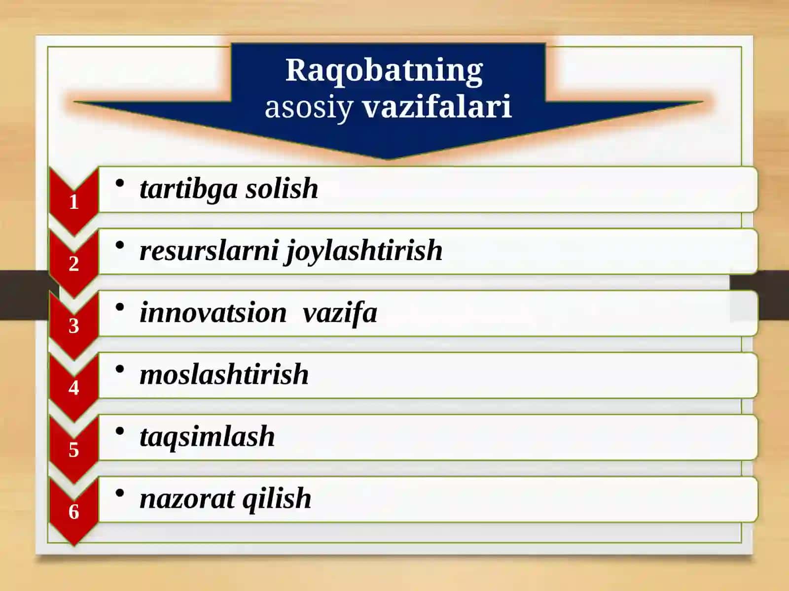 стратегиялар 8.1. Рақобат тушунчаси ва моҳияти, рақобат турлари. 8.2. устунлик тушунчаси. 8.3. Товарни рақобатбардошлигини ошириш йўллари 8.4. Рақобатчилик стратегияларини танлаш 4