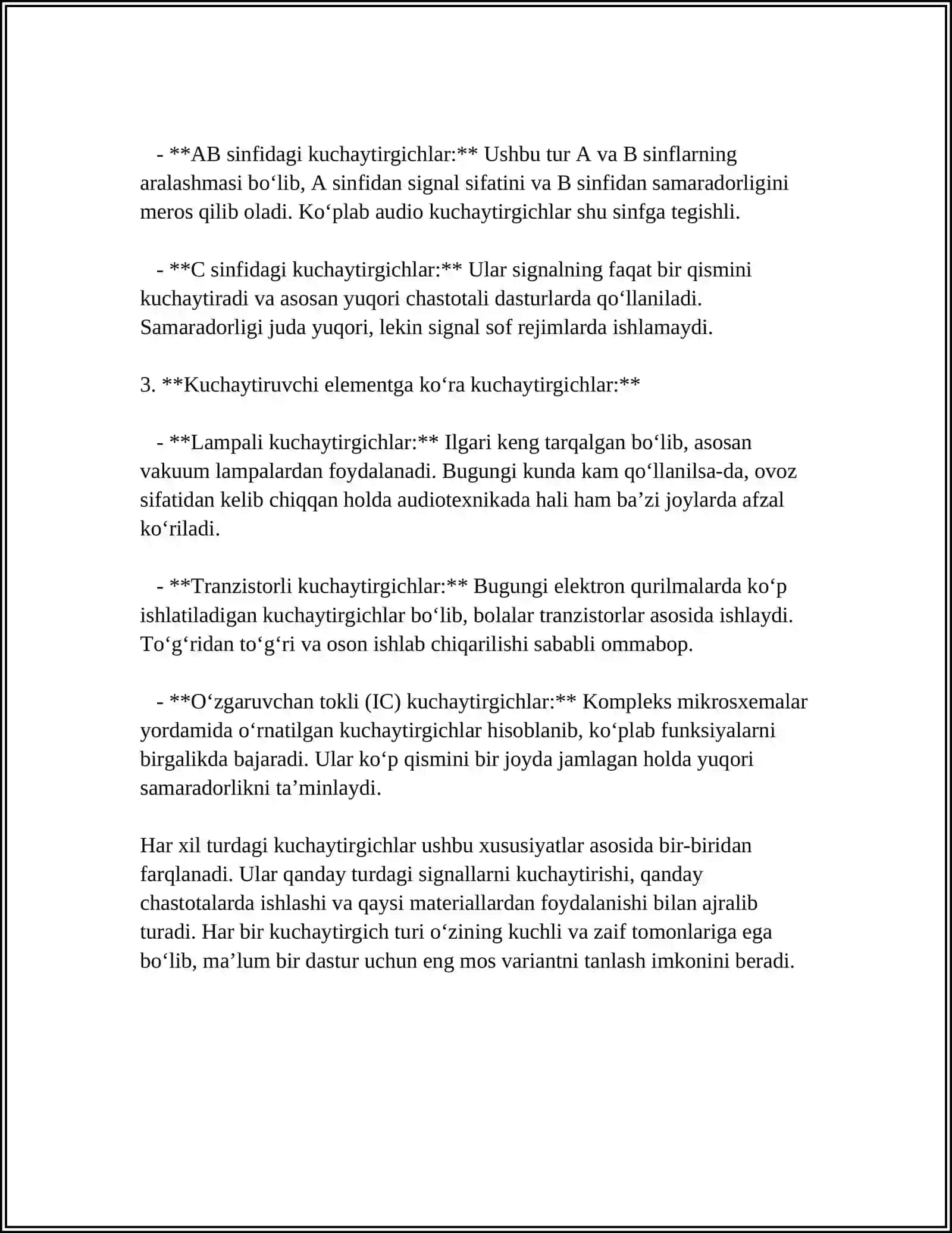 MUSTAQIL ISH Mavzu: KOʻP KASKADLI KUCHAYTIRGICHLAR.QUVVAT KUCHAYTIRGICHLARI 4