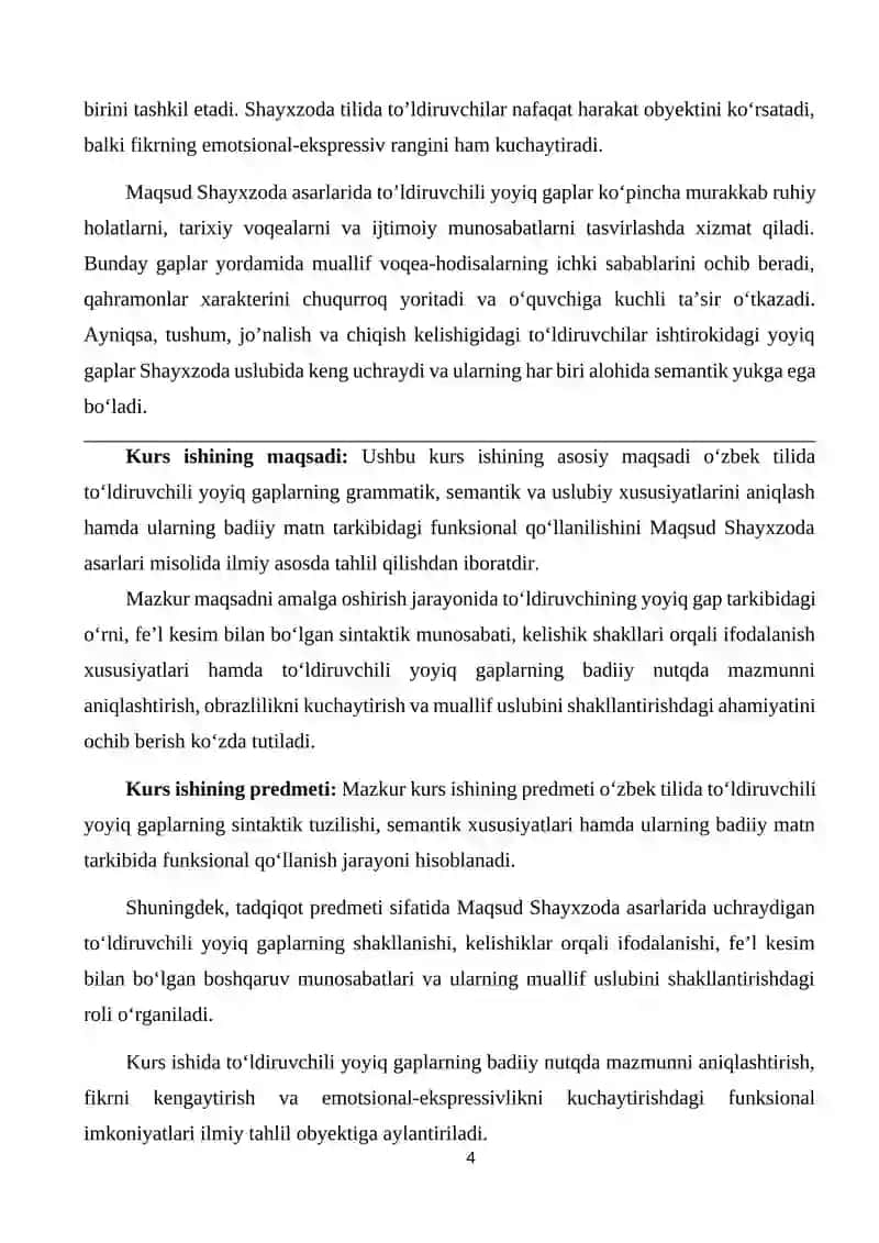 Oʻzbek tilida toʻldiruvchili yoyiq gaplar ( Maqsud Shayxzoda asarlari misolida) 4